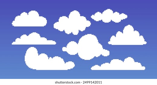 Colorful pixel art flat simple vector illustration of different form cartoon white clouds in the sky. Set of clouds. 8bit retro video game style.