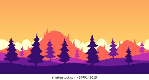 Colorful pixel art flat simple vector illustration of cartoon autumn vibe landscape of fir trees, hills and mountains. 8bit retro video game style. Seamless horizontal background.