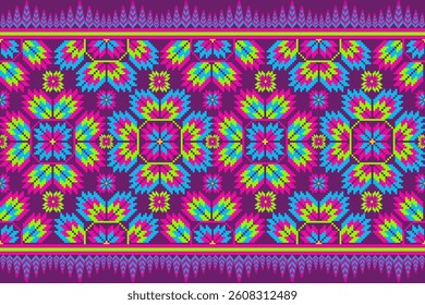 A colorful pixel art floral pattern featuring vivid orange, blue, and pink flowers.This geometric textile , inspired by traditional, Indian, ethnic,  rugs, home decor, fashion apparel, accessories.

