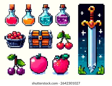 Colorful pixel art items—potions, fruit, treasure chest, sword—on light background, in popular retro-gaming pixel style. Vector illustration in bright red, blue, green, yellow, and pink colors.
