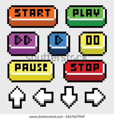 A colorful pixel art game button set perfect for retro-style games, apps, or digital projects. Includes start, play, pause, stop, forward, back, and arrow controls in vibrant 8-bit style. 