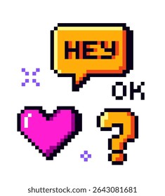 Ícones coloridos de arte em pixels, incluindo um balão de fala amarelo com HEY, coração rosa, ponto de interrogação laranja e texto OK, todos em fundo branco. Ilustração vetorial