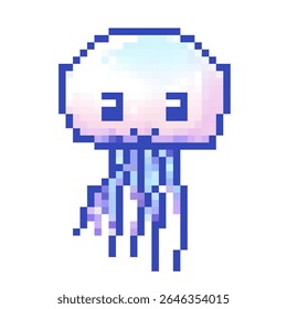 Colorful pixel art jellyfish swimming gracefully in a serene underwater environment during daytime