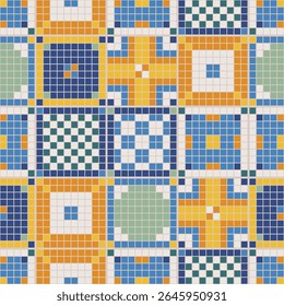 Colorful pixel art mosaic creating seamless pattern with vibrant, decorative surface, suitable for design backgrounds, textiles, digital projects, vector