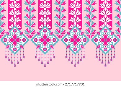Padrão de arte de pixel colorido com desenhos geométricos rosa e azul com elementos florais e contas penduradas, criando vibrantes