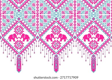 Patrón colorido del pixel art que presenta elefantes y diseños florales, evocando la sensación de riqueza cultural y creatividad