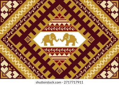 Colorful pixel art pattern featuring elephants, geometric shapes, and intricate designs, evoking sense of cultural richness
