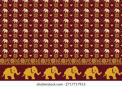 Patrón colorido del arte del pixel que presenta elefantes en el fondo marrón rico, evocando la sensación del patrimonio cultural y de la alegría