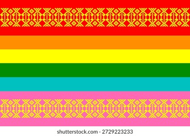 Colorful pixel art pattern inspired by textile motifs, celebrating love, diversity, and LGBTQ+ pride with vibrant hearts and geometric symmetry, ideal for fabric, wallpaper, and vector illustration designs.
