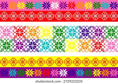 Padrão de pixel art colorido inspirado em motivos têxteis, celebrando o amor, a diversidade e o orgulho LGBTQ+ com corações vibrantes e simetria geométrica, ideal para tecidos, papel de parede e desenhos de ilustração vetorial.