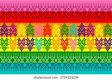 Colorful pixel art pattern inspired by textile motifs, celebrating love, diversity, and LGBTQ+ pride with vibrant hearts and geometric symmetry, ideal for fabric, wallpaper, and vector illustration designs.