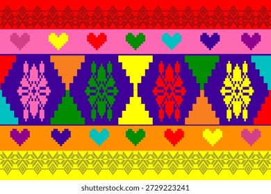 Padrão de pixel art colorido inspirado em motivos têxteis, celebrando o amor, a diversidade e o orgulho LGBTQ+ com corações vibrantes e simetria geométrica, ideal para tecidos, papel de parede e desenhos de ilustração vetorial.