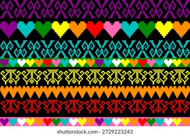 Colorful pixel art pattern inspired by textile motifs, celebrating love, diversity, and LGBTQ+ pride with vibrant hearts and geometric symmetry, ideal for fabric, wallpaper, and vector illustration designs.