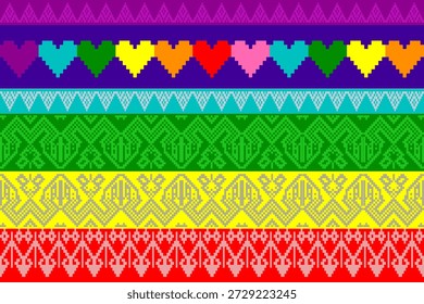 Colorful pixel art pattern inspired by textile motifs, celebrating love, diversity, and LGBTQ+ pride with vibrant hearts and geometric symmetry, ideal for fabric, wallpaper, and vector illustration designs.