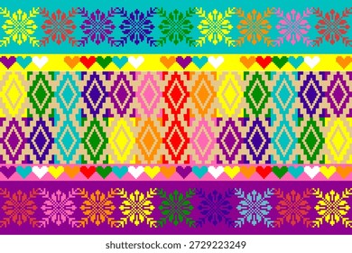 Padrão de pixel art colorido inspirado em motivos têxteis, celebrando o amor, a diversidade e o orgulho LGBTQ+ com corações vibrantes e simetria geométrica, ideal para tecidos, papel de parede e desenhos de ilustração vetorial.