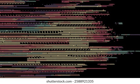 A colorful pixel art pattern made of horizontal lines on a black background. glitch art style. vector graphics. abstract design.