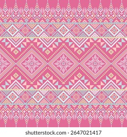 Colorful pixel art pattern in pink tones featuring traditional Thai tribal diamond motifs. Perfect for textile, game design, and digital art.