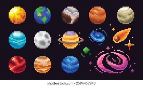 Colorful pixel art planets with meteor and galaxy on black background. 8bit vector set, trendy design.