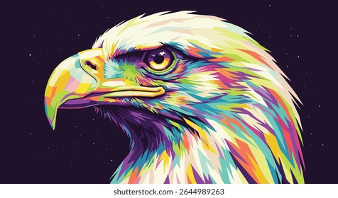 A Colorful Pixel Art Portrait of an Eagle Bird on a Dark Background