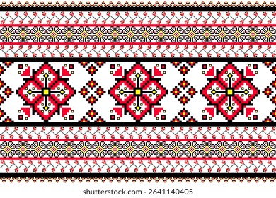 Colorful pixel art seamless pattern featuring tribal ethnic elements with geometric shapes and flowers. fabric prints, textiles, wrapping paper, or backgrounds.
