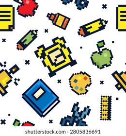 Colorful pixel art seamless pattern featuring a school backpack, book, apple, pencil, markers, paint tube, sticky notes, and stationery in retro 8 bit game style on a white background