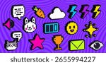 Colorful pixel art set with 3d effect - emoticon and carrot, cloud with lightning bolts and bunny face, battery level and happy emotion, star and trophy cup, envelope and cat character for retro game.