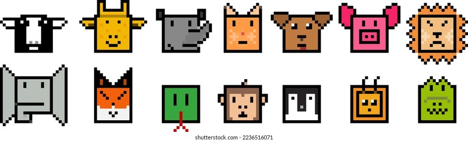 Colorful pixel art set of cute animal faces including cow, lion, pig, fox, monkey, and more in retro 8-bit cartoon style.