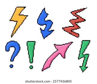 Colorful pixel art set with lightning bolts, arrows, question marks, and exclamation points, designed in a retro video game style with bold and vibrant colors. Vector set isolated on white background
