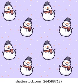bonecos de neve coloridos pixel art em um padrão alegre em um fundo pastel para festividades de inverno