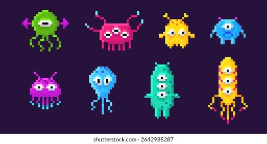 Colorful pixel art space invader aliens collection - retro 8 bit game monsters in vibrant neon colors on dark background for arcade gaming, nostalgic design. Classic video game enemy characters.