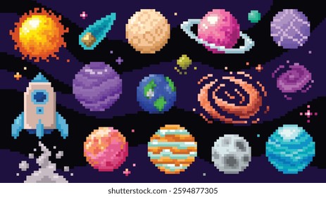 Colorful pixel art space scene with planets, stars, and rocket. 8bit vector colorful set.