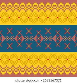 Colorful pixel art textile pattern with geometric shapes in yellow, red, blue, and brown. Perfect for traditional fabric design, wallpaper, and digital art.