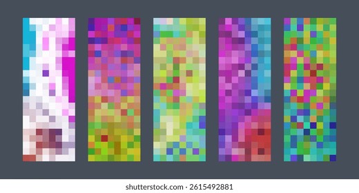 Colorful pixel art-style abstract banners with vibrant mosaic patterns. Each vertical panel features a unique blend of vivid, blocky colors on a dark background.

