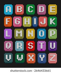 Colorful pixel bead alphabet vector design, featuring A to Z capital letters in vibrant backgrounds. Perfect for educational materials, kids crafts, games, and playful graphic projects.