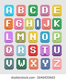 Colorful pixel bead alphabet vector design, featuring A to Z capital letters in vibrant backgrounds. Perfect for educational materials, kids crafts, games, and playful graphic projects.
