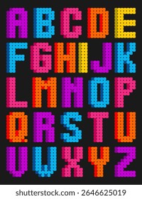 Colorful pixel bead alphabet vector design, featuring A to Z capital letters in vibrant backgrounds. Perfect for educational materials, kids crafts, games, and playful graphic projects.