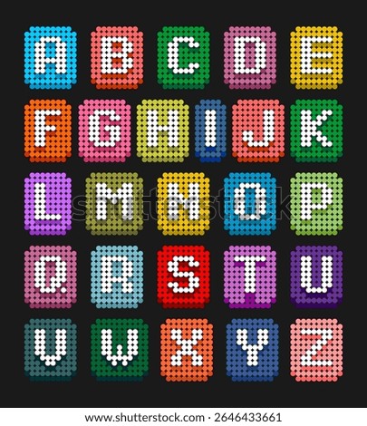 Colorful pixel bead alphabet vector design, featuring A to Z capital letters in vibrant backgrounds. Perfect for educational materials, kids crafts, games, and playful graphic projects.