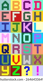 Alfabeto colorido de contas de pixel com letras de A a Z e símbolos de pontuação. Estilo digital bonito e divertido para crianças artesanato, ferramentas de aprendizagem, ou design retro.