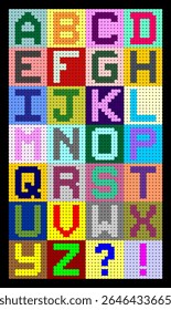 Alfabeto colorido de contas de pixel com letras de A a Z e símbolos de pontuação. Estilo digital bonito e divertido para crianças artesanato, ferramentas de aprendizagem, ou design retro.