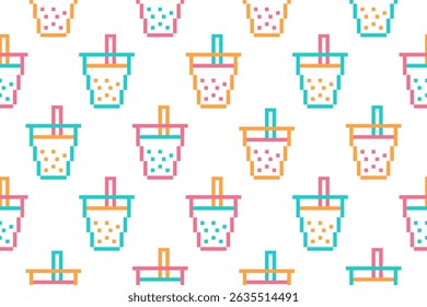 Colorful pixel bubble tea set or smoothie illustration seamless pattern.Cute Embroidery or cross stitch design.Beautiful trendy for background design for print product,drink element,textile, decorate.