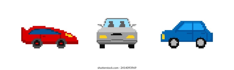Colorful pixel cars set. Arcade red racing transport with blue 8bit graphics for game design and movement with retro vector style