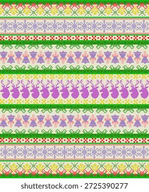 Colorful pixel Christmas pattern featuring rows of reindeer silhouettes, festive bells, geometric borders, and decorative motifs in green, red, yellow, purple, and pink on a light background. Holiday-themed, cute and seamless for textile, wrapping or digital design.
