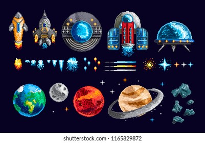 Colorful pixel design of game spacecraft with planets and moving elements on blue background 