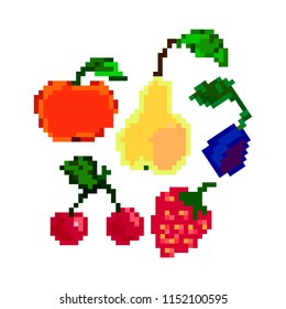 colorful pixel fruit set with red apple