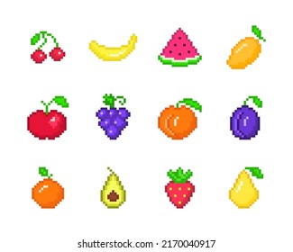 Colorful pixel fruits set. Simple ripe peach with red strawberries and blue grapes. Yellow sweet mango with red apple and cherries for vector 8bit design