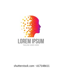 Colorful Pixel Head Logo / Creative Mind Vector / Digital Brain Logo