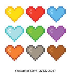 Colorful pixel heart icon set. Heart in 8 bit style. Set of pixel gaming icon in retro style.