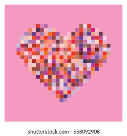 Colorful pixel heart shape in pink background. Valentine background.