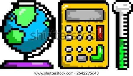 Colorful pixel illustration of globe calculator and lab tube as educational science and math symbols on white background. Concept of worldwide education, mathematics and logical calculation
