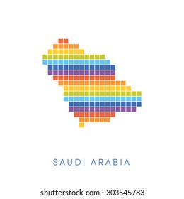 Colorful pixel map of Saudi Arabia. Vector frontiers of Kingdom of Saudi Arabia in colors of rainbow. 